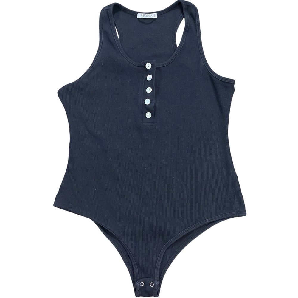 Reoria Black Ribbed Racerback Henley Bodysuit Size XL